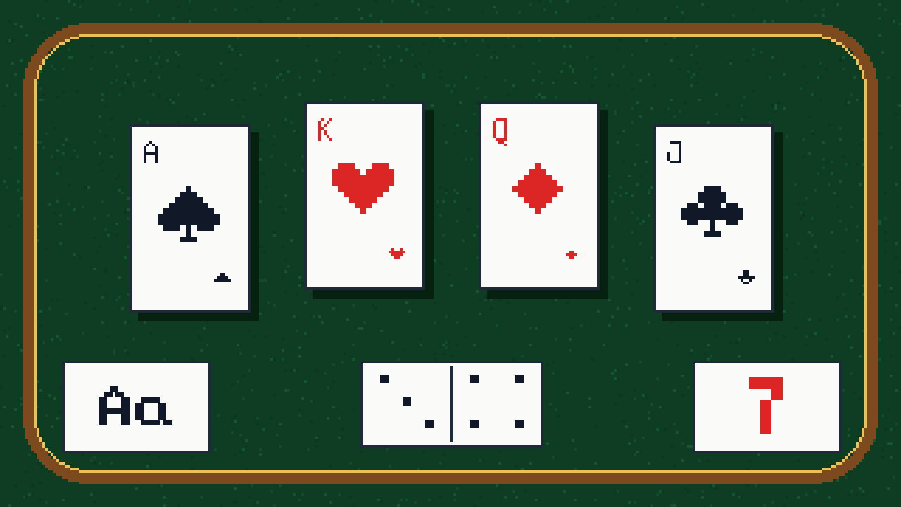 Ilustração em pixel art: mesa de feltro verde com moldura de madeira, quatro cartas grandes (ás de espadas, rei de copas, dama de ouros e valete de paus), uma peça de dominó e cartões com “Aa” e “7”.