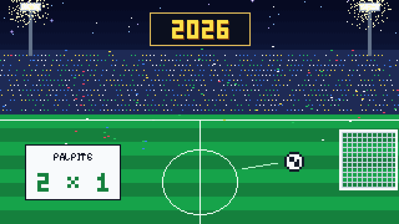 Ilustração em pixel art: estádio à noite com refletores, torcida colorida, placar luminoso com “2026”, gramado listrado, um gol com rede, uma bola em movimento, confete e um cartão de palpite “2 x 1”.