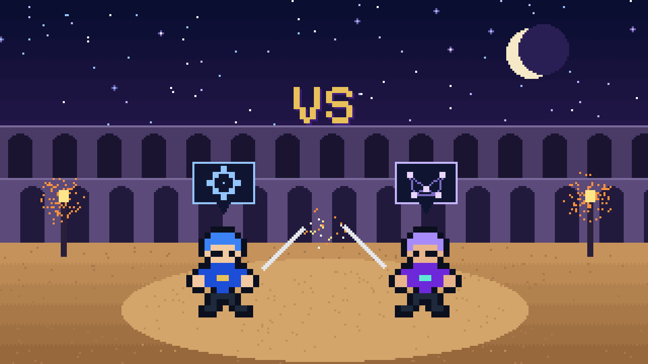 Ilustração em pixel art: dois lutadores genéricos se enfrentam numa arena de coliseu à noite, com tochas e “VS” no céu; sobre um, o símbolo de uma engrenagem, sobre o outro, uma pequena rede de nós.