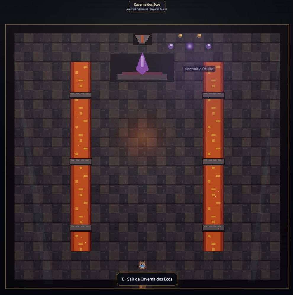 Salão escuro de pedra com duas colunas de lava cortadas por pontes, um cristal roxo num altar marcado “Santuário Oculto” e um herói pequeno perto da saída.