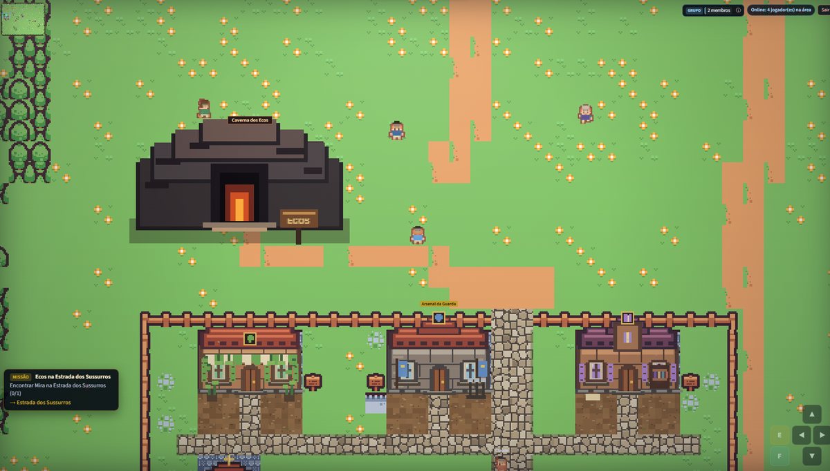 Entrada da Caverna dos Ecos no mapa do jogo, com a muralha da vila e o Arsenal da Guarda abaixo