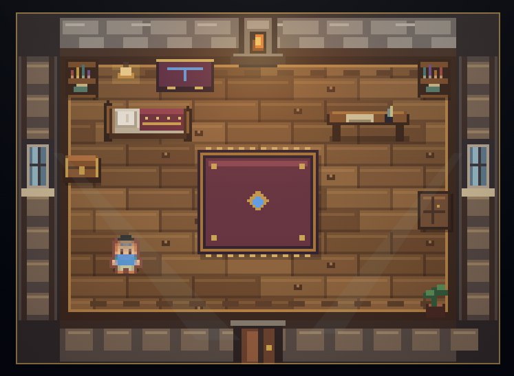 Quarto em pixel art com piso de madeira, cama, lareira, baú, estantes, escrivaninha, tapete vinho e um personagem de camisa azul.