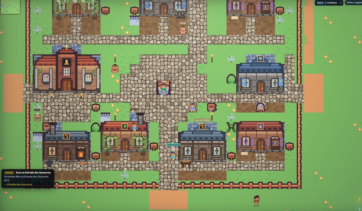 Vista aérea de uma vila em pixel art: casas de telhado vermelho e azul, ruas de pedra, cerca de madeira, personagens com nomes sobre a cabeça e, no canto, um painel de missão.