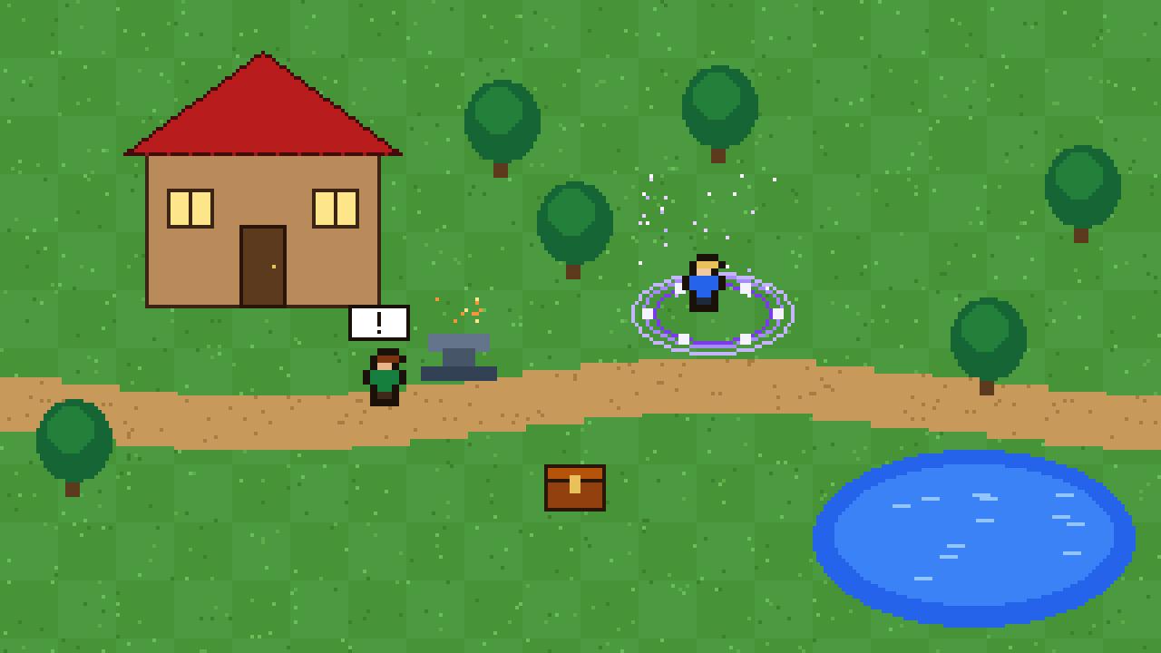Ilustração em pixel art: campo verde em tiles com uma casa de telhado vermelho, árvores, um lago, uma bigorna soltando faíscas, um baú, um NPC com um sinal de exclamação e um herói dentro de um círculo de runas.