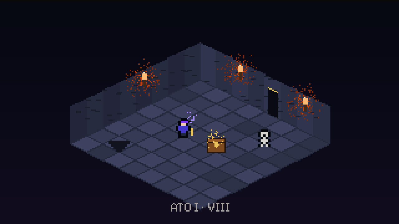 Ilustração em pixel art: sala de masmorra em visão isométrica, com piso de pedra, tochas nas paredes, um baú dourado, uma escada descendo, um herói com cajado e um esqueleto.